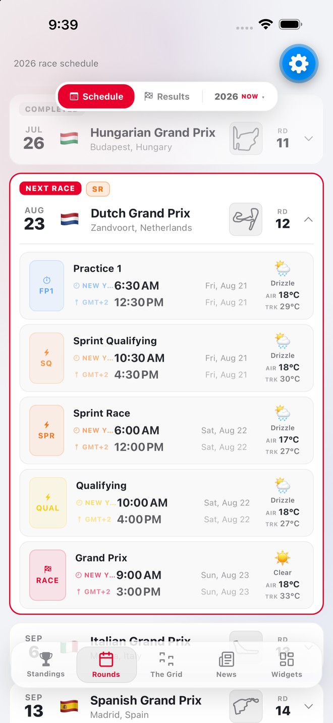 FlatOut schedule — every session in your time zone